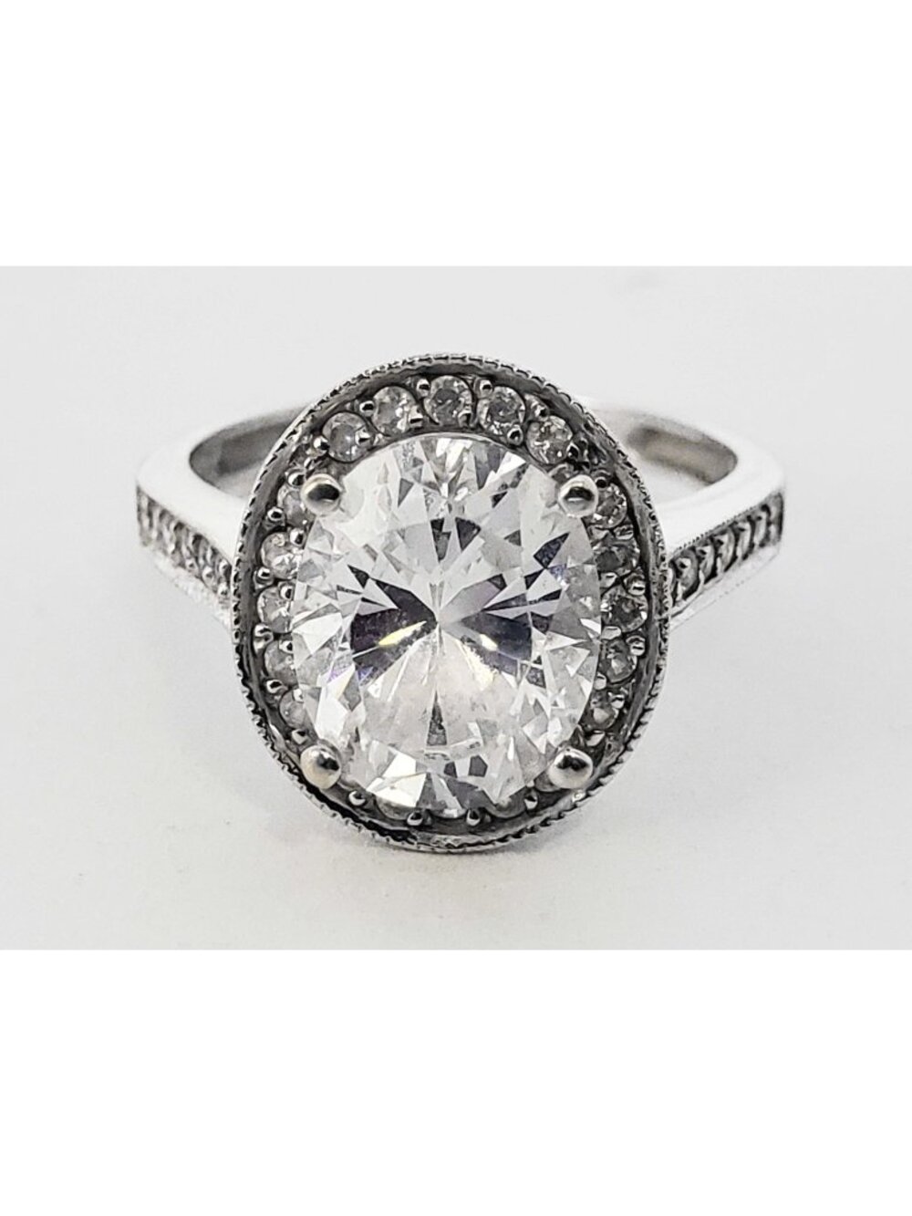 Oval CZ Halo Ring with Accents 14k White Gold Size 6